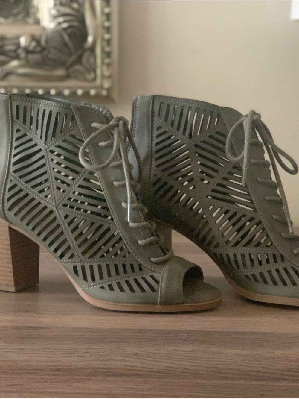 George Olive Green Lace-Up Cutout Peep-Toe Ankle Boots